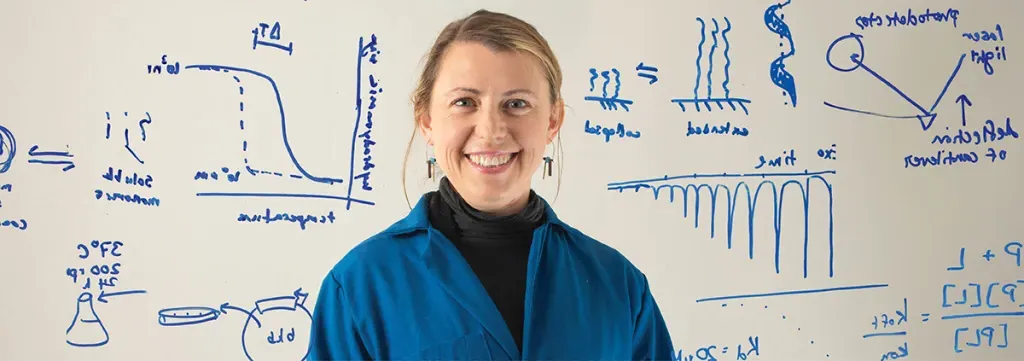 U N E faculty member and researcher Eva Rose Balog, Ph.D., surrounded by examples of her research